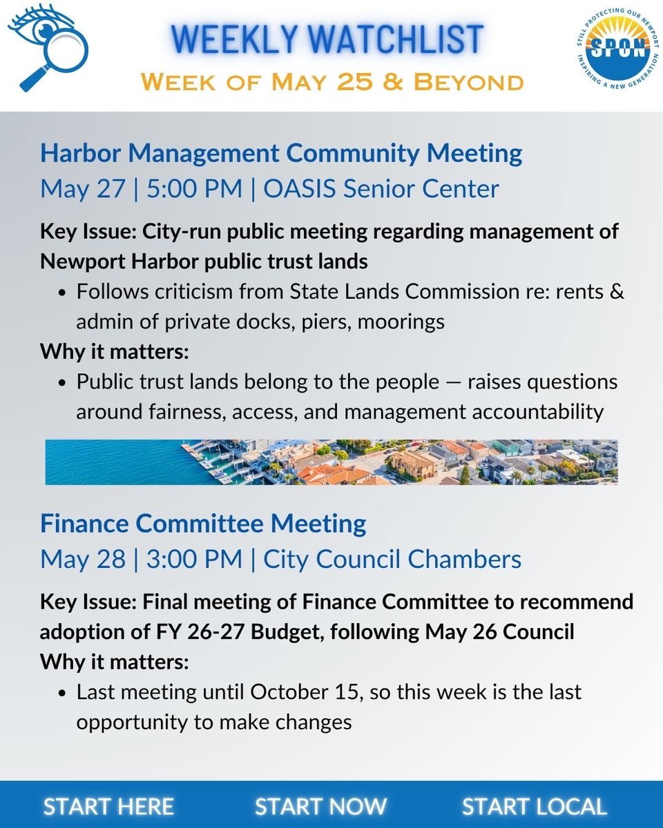 SPONNewport's tweet photo. Here’s what to watch in Newport Beach this week 👇

The City Council meeting on May 26 will touch on themes of transparency and long-term land use decisions, including a massive $1.5M expenditure for studying the Civic Center Park site for Police HQ relocation. https://t.co/94ob7dKiTu
