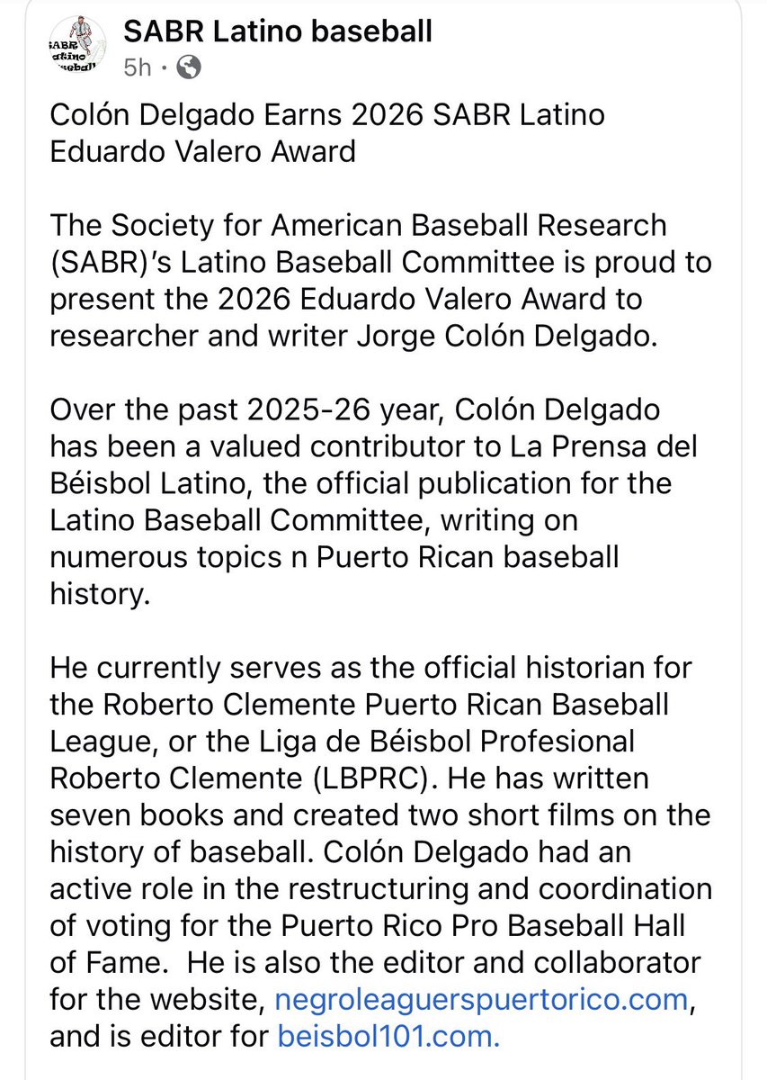 JColonDelgado's tweet photo. Algo en la línea de:

“Me siento profundamente honrado de recibir el Premio Eduardo Valero 2026 del Comité Latino de SABR. Agradezco al comité esta distinción y la oportunidad de contribuir a la preservación y difusión de la historia del béisbol puertorriqueño y latino. Recibo este reconocimiento con humildad y gratitud.”