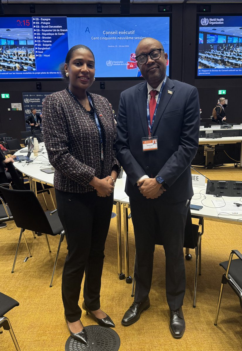 Haiti_UNOG's tweet photo. Moment historique pour Haïti ce lundi 25 mai 2026 à Genève.

Lors de la 159e session du Conseil exécutif de l’OMS, organe de 34 pays chargé d’orienter les grandes politiques de santé mondiale, les États membres ont élu le Dr Bertrand Sinal, ministre haïtien de la Santé, Vice-Président pour la Région des Amériques, aux côtés de 3 autres vice-présidents : la Dr Katarzyna Drążek-Laskowska (Pologne, Europe), le Pr Mohamed Hassany (Égypte, Méditerranée orientale) et le Pr Mamadou Samba (Côte d’Ivoire, Afrique).

Membre du Conseil depuis 2025 pour un mandat de 3 ans (2025-2028), Haïti en assure aujourd’hui la vice-présidence.

Haïti va profiter de cette tribune pour porter la voix des pays vulnérables et défendre l’équité en santé mondiale. @MsppOfficiel
