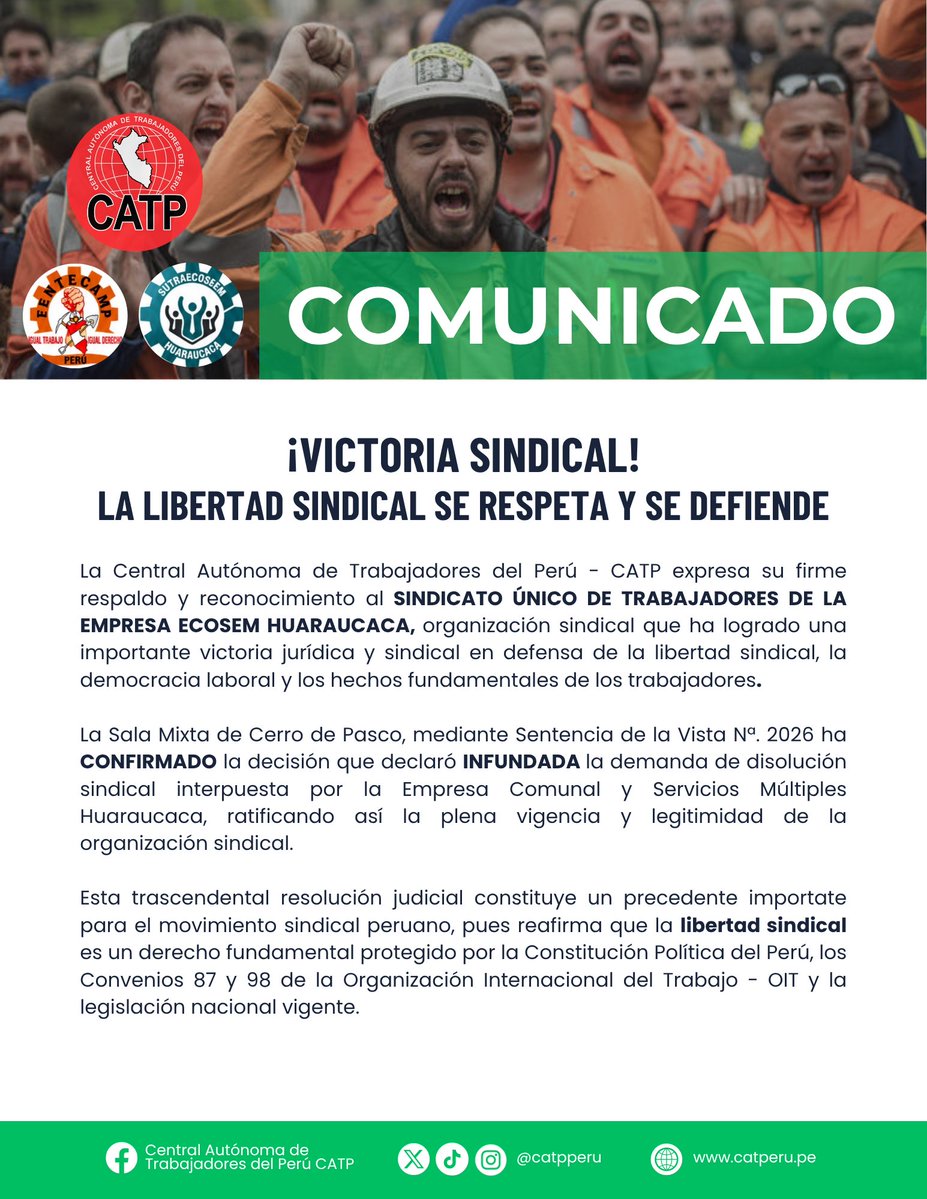 catpperu's tweet photo. ¡La libertad sindical se respeta y se defiende! ✊
Saludamos la importante victoria jurídica y sindical obtenida por el Sindicato Único de Trabajadores de la Empresa ECOSEM Huaraucaca. https://t.co/ZV7mNxLZVe