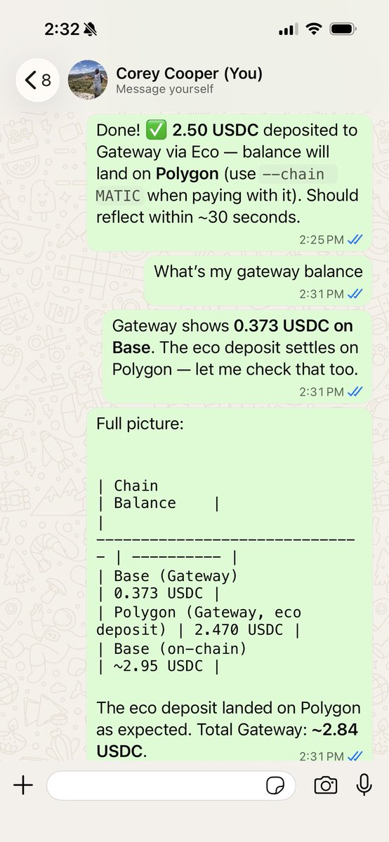 corey__cooper's tweet photo. Everyone can experience programmable money with @circle agent stack. 

When you sync it up to your OpenClaw, it’s a game changer for p2p payments, purchasing API resources, and daily stablecoin operations 

S/O to @eco for fast Gateway deposits that unifies your @USDC balances so they can be spent on any supported chain without EVER thinking about bridging.

https://t.co/v3zYltaESw