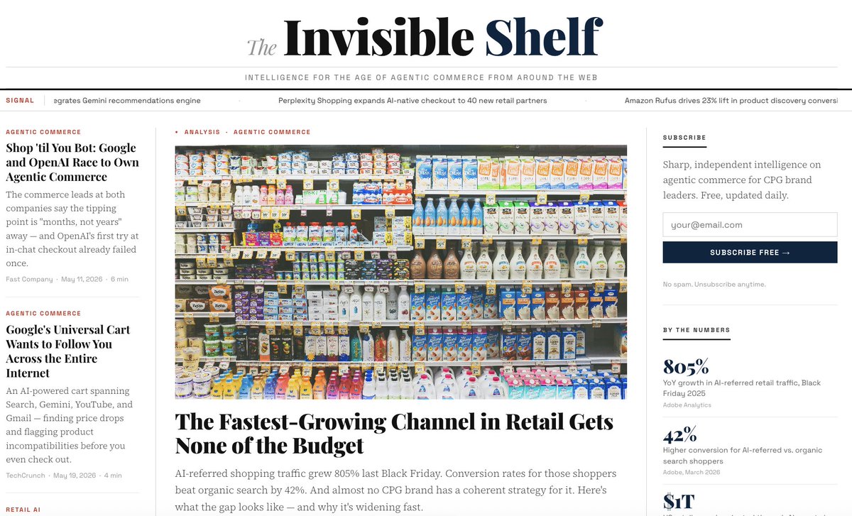 TheoryHouse's tweet photo. We've started something new. The Invisible Shelf is a news site for all things agentic commerce. If you'd like a summary emailed to you every Thursday, subscribe below. https://t.co/2dY3b1vL3a https://t.co/6lUdNbhEkE