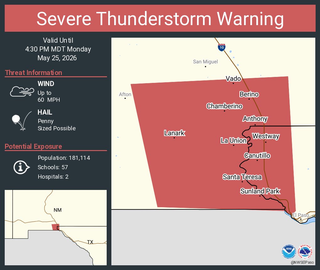 Severe Thunderstorm Warning including Sunland Park TX, Anthony NM and ...