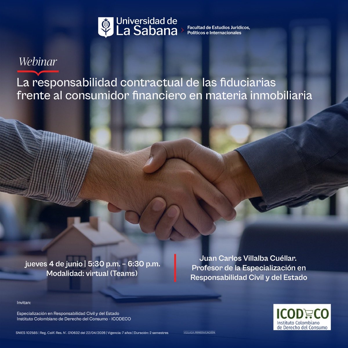 ICODECO_'s tweet photo. Los invitamos al webinar que se realizará en colaboración entre la Universidad de La Sabana e ICODECO sobre la responsabilidad contractual de las fiduciarias frente al consumidor financiero en materia inmobiliaria.

Enlace de inscripción: https://t.co/OK5jnl7kTY https://t.co/T7RidV6M7v