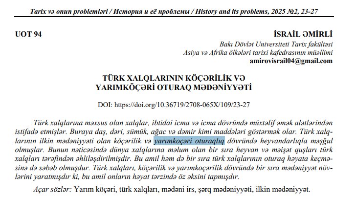 FurkanUzel55's tweet photo. Tezim için Azerbaycan Türkçesiyle yazılmış makaleleri tararken "yarı göçebe yerleşik" kavramının Azerbaycan Türkçesindeki hâline denk geldim: Yarımköçəri oturaqlaşmış. Akademik kısmını geçtim, şu kelimelerin yan yana gelişindeki tat ve fonetik güzellik çok hoşuma gitti😅 https://t.co/twrvuTXN4d