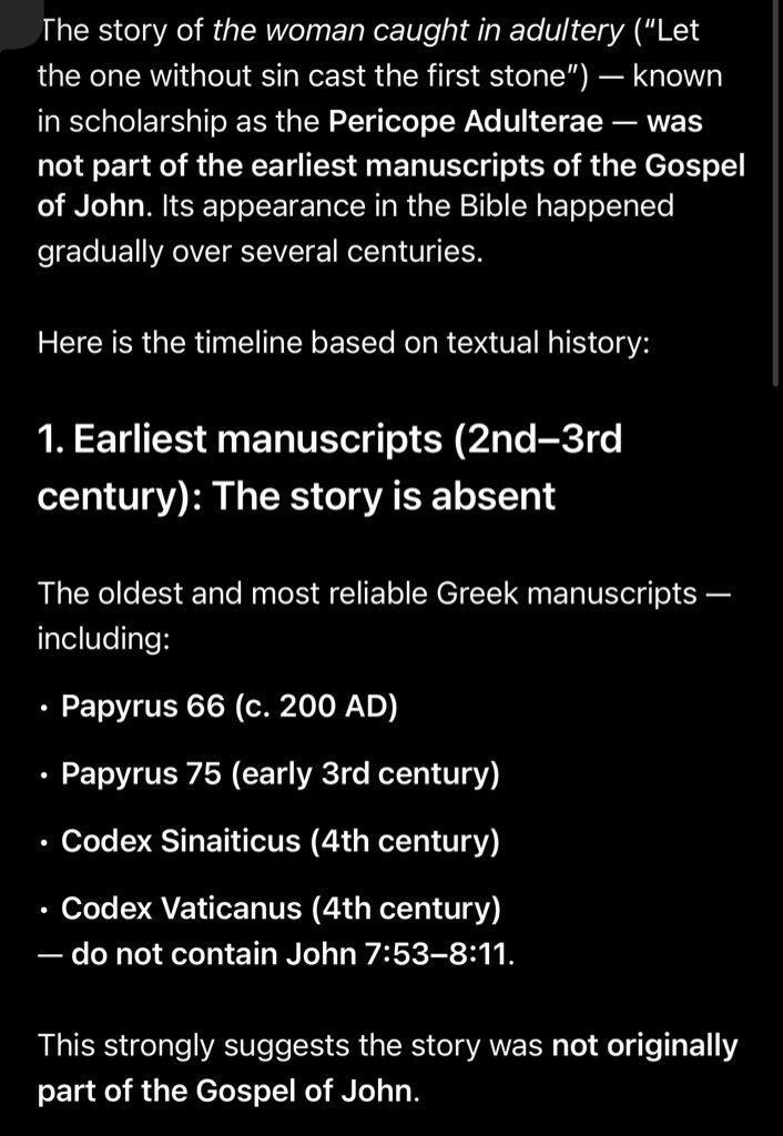 idrisnotes's tweet photo. Corrupted doesn’t mean 100% false you genius. 

It’s falsehood mixed with truth. We use the Quran which is 100% the corrupted word of God to filter out the truth. 

The vibe itself confirms it’s corruption. As have biblical scholars. This isn’t even debatable. 

One of many examples of biblical corruption is the most famous Christian bedtime story of Jesus forgiving the adulterous woman, it was added anonymously in the 3/4th century. Proven forgery 😂