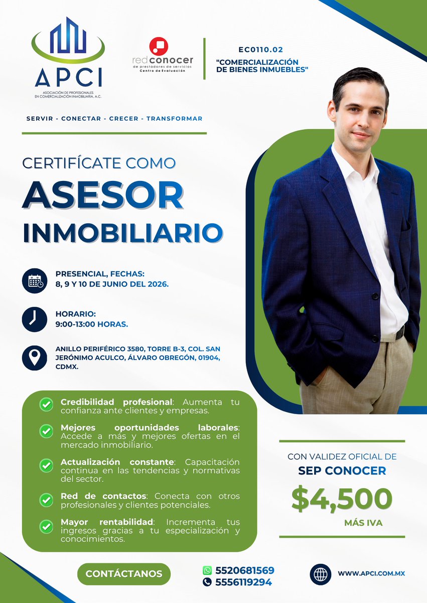 apciac's tweet photo. 📢 Certifícate como Asesor Inmobiliario con validez oficial SEP-CONOCER ECO110.02 “Comercialización de Bienes Inmuebles”.

🗓️ 8 al 10 de junio 2026
🕘 9:00 a 13:00 hrs
📍 Park Pedregal, CDMX
💰 $4,500 + IVA

📲 Informes:
WhatsApp 55 2068 1569
Tel. 55 5611 9294
⚠️ Cupo limitado. https://t.co/kXXFHe0GpJ