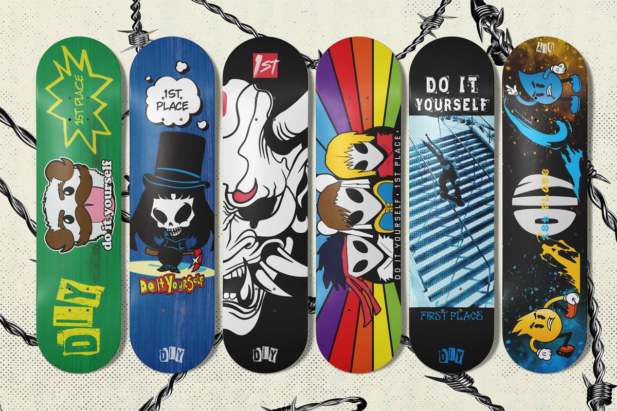 drewface_'s tweet photo. This year I art directed DIY, and created the entire look and feel to keep its punk and skate roots. For the trophy boards specifically @HelstNYC and I brainstormed on which boards to pay tribute to.

A thread on each board's reference below 🧵 https://t.co/SmNdaW0sMM