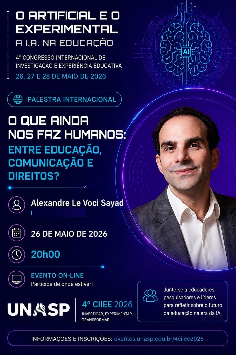 alevoci's tweet photo. Nesta terça, dia 26 de maio, abro o 4o CIEE, Congresso da UNASP, às 20h.

Não dá para falar de inteligência artificial sem equilibrar regulação e inovação. São grandezas que se  relacionam. Já na sexta-feira abrirei o Congresso da Somos Educação ' Plataforma PAR, em São Paulo. https://t.co/YAOrLL8mxg