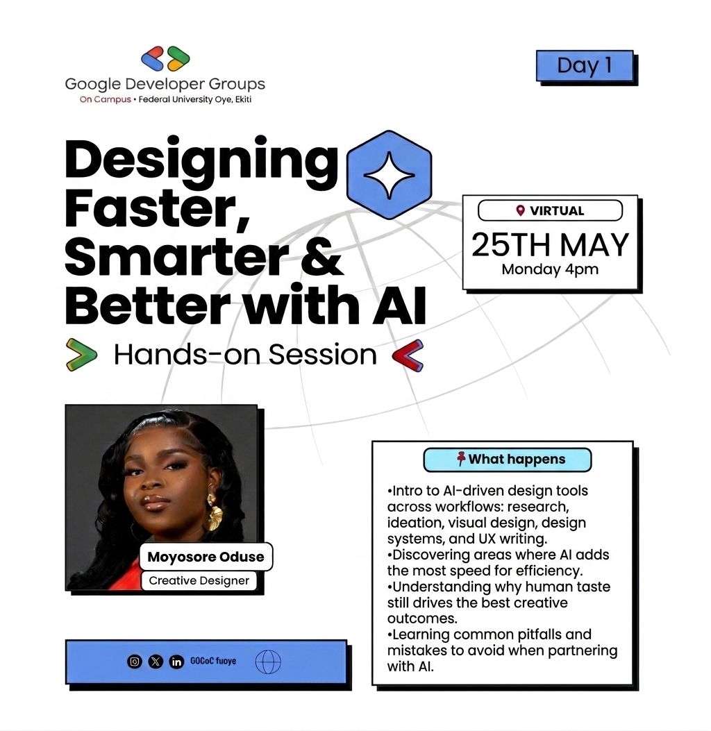 gdgoC_fuoye's tweet photo. Day 1 of Build with AI started strong with Creative Designer Moyosore Oduse @MoyooOlaitan. 

she dropped major gems on leveraging AI for faster, smarter, and more impactful design workflows.
The future of visual creativity is officially here! 🎨🔥
#GDGoCFUOYE #BuildWithAI https://t.co/ykZD1IN73L