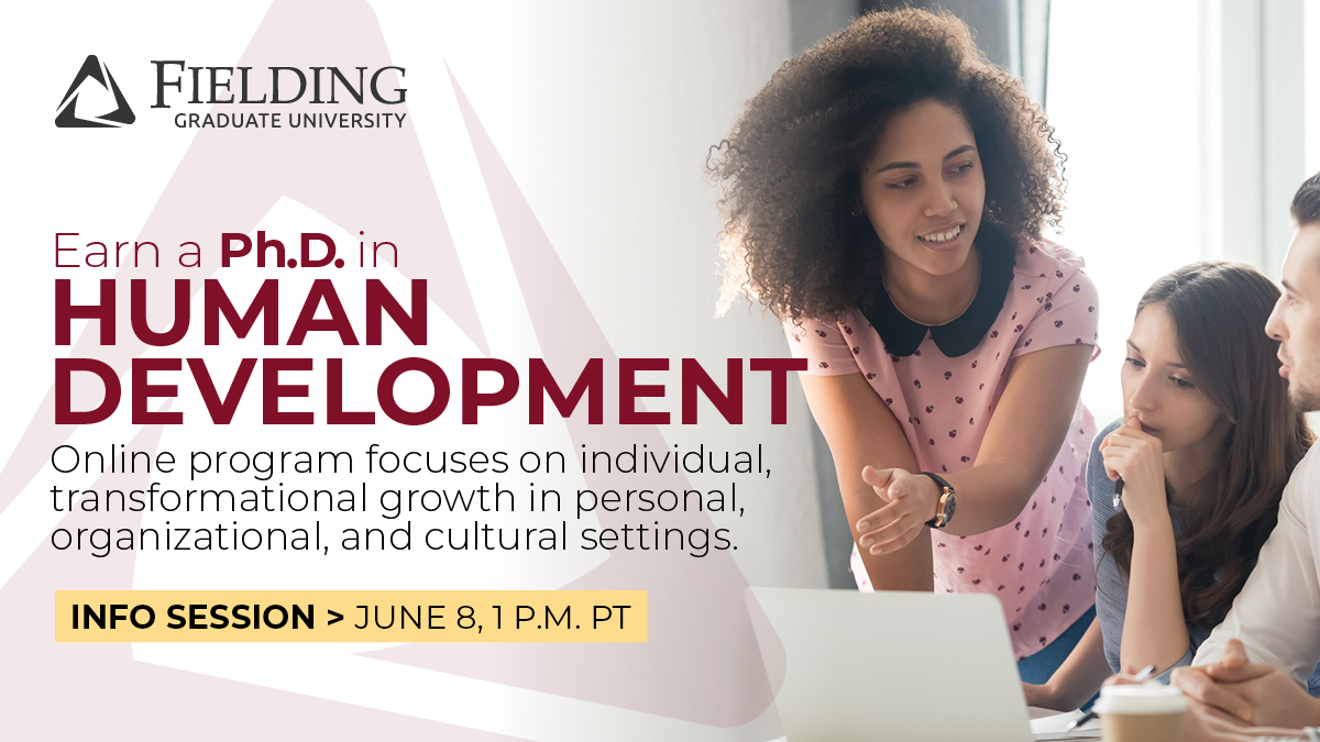 FieldingGradU's tweet photo. Earn a Ph.D. in Human Development online. Designed for career professionals, Fielding’s doctoral students in Human Development are socially concerned professionals from diverse backgrounds. Join us at the June 8 info session: https://t.co/vxYWs5Jnv3
#HumanDevelopment https://t.co/4bstr3akvF