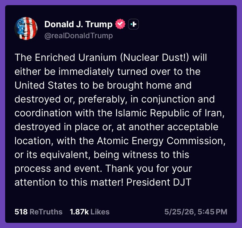 chartexperten's tweet photo. AKTUELL: Präsident Trump sagt, Irans angereichertes Uran werde entweder an die USA übergeben oder an „einem anderen akzeptablen Ort“ zerstört. https://t.co/NgPxwJylKt