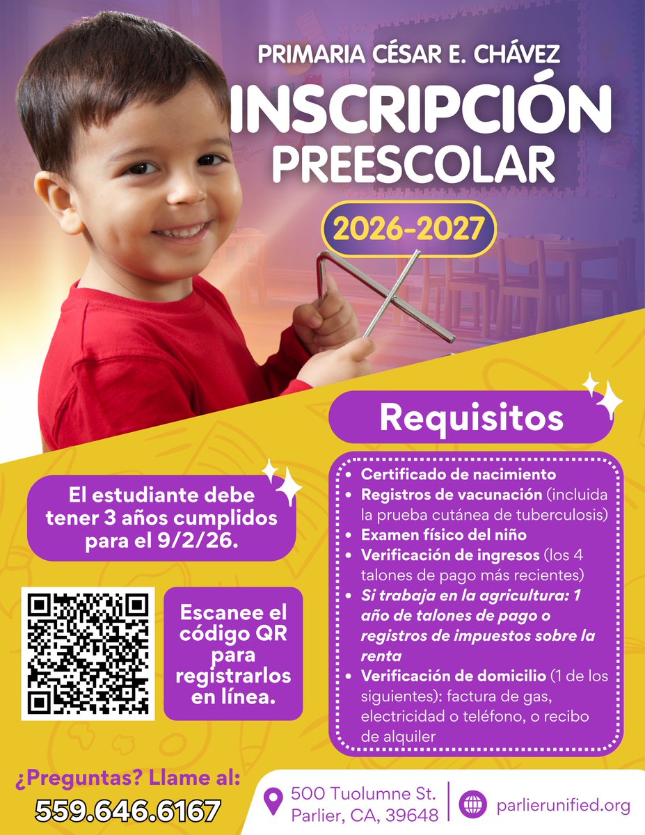 ParlierUsd's tweet photo. 🌟 Big futures start at Cesar E. Chavez Elementary! Now enrolling for the 2026–2027 school year 📝✨
🎂 Child must be 3 by Sept. 2, 2026
📲 Register: Scan QR code or visit https://t.co/Nsgiwuw1Wf
📞 Questions: 559-646-6167
Start your child’s educational journey today! https://t.co/qWGSQ5kVvN