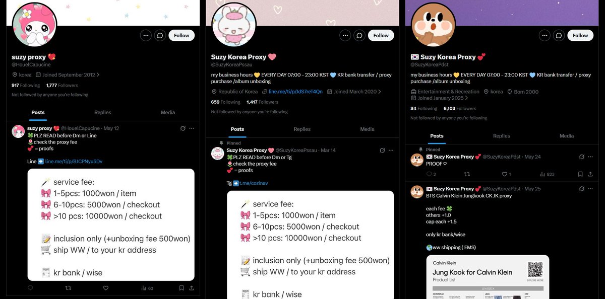 leafy_fetus's tweet photo. my partner got scammed so i'm here to spread the news, pls watch out for these accs!
@HouelCapucine @SuzyKoreaPdst @SuzyKoreaPssau 

these guys are impersonating @proxy_suzy! my partner  got their wise acc (@ricaanntolodc) blacklisted

please be careful 🙏 https://t.co/ciK1yAagcv