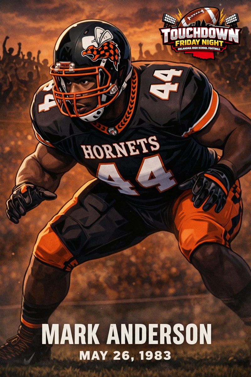 TDFridayNight's tweet photo. Happy birthday to former Booker T. Washington, University of Alabama and NFL defensive lineman Mark Anderson, born on this day in 1983 in Tulsa.

Anderson was named All-Metro by the Tulsa World and honorable mention All-State by The Oklahoman as a senior after recording 104 tackles and nine sacks from his defensive line position.

He also earned All-District at tight end, where he caught three touchdown passes in helping the Hornets go 11-2, losing to eventual state champion Carl Albert by a single point in the semifinals.

He also played basketball for the Hornets, earning honorable mention All-State as senior.

Anderson signed with Alabama and recorded 141 tackles, 25 for losses, 13.5 sacks, five forced fumbles and three recoveries from 2002 to 2005. As a senior, he earned Second-Team All-Southeastern Conference after leading the Crimson Tide with 7.5 sacks to go with 40 tackles and 18 for losses.

In 2006, the Chicago Bears made Anderson the 159th overall pick in the NFL Draft and he responded by earning a spot on the All-Rookie Team by the Pro Football Writers of America.

Despite starting only one game as a rookie, Anderson finished 8th in the league with a dozen sacks.

Anderson played four seasons in Chicago before signing with the Houston Texans in 2010. He also played one season with the New England Patriots and one with the Buffalo Bills.

In 98 NFL games, Anderson started 25 games, made 175 tackles, 41 for losses, 36.5 sacks, forced seven fumbles and recovered three.

After his playing career, Anderson was hired by the Tampa Bay Buccaneers (and former Bears head coach Lovie Smith) as a scouting department member.

In 2022, Anderson was inducted into Booker T. Washington's Ring of Honor.

Happy birthday Mark! #tdfn #okpreps @BookerTFootball @AlabamaFTBL