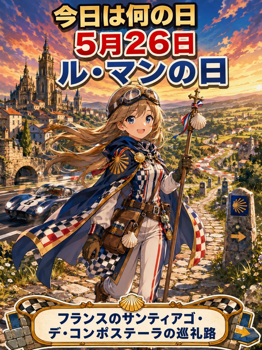 junworldheritag's tweet photo. おはようございます☀️

今日は何の日？
5月26日｜ル・マンの日
Le Mans Day

世界遺産キャラクター
フランスのサンティアゴ・デ・コンポステーラの巡礼路
― 夜明けまで走り抜く、巡礼のレーサー

所属国：フランス
登録年：1998年
種別：文化遺産
UNESCO No.：868

24時間を駆け抜けるル・マンの精神と、
長い道を歩み続ける巡礼路の祈り。
進む者だけが、夜明けの景色にたどり着く。

#世界遺産 #AIart #何の日