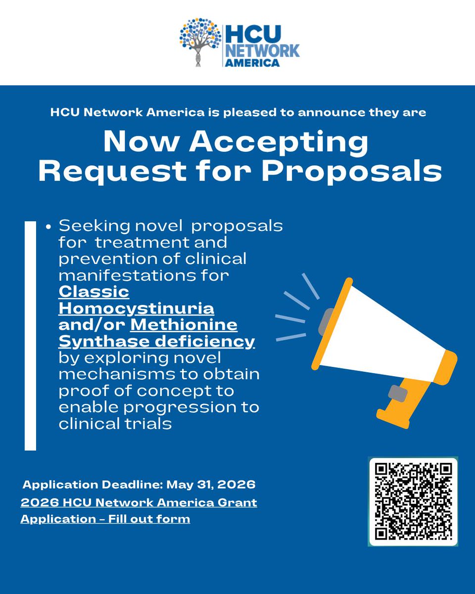 HCUAmerica's tweet photo. 🚨 ONLY A FEW DAYS LEFT 🚨

We are now accepting Request for Proposals for innovative research focused on:
✨ Classic Homocystinuria
✨ Methionine Synthase Deficiency

🗓 Application Deadline: May 31, 2026
📲 Scan the QR code or apply today! https://t.co/F4mBX2jfw0