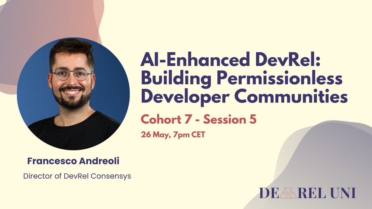 DevrelUni's tweet photo. As AI lowers the barrier to building, DevRel is evolving.
In Session 5 of Cohort 7, @francescoswiss explores:

- Growing builder communities in the age of AI
- How DevRel changes when anyone can build
- Enabling participation without friction
- AI, Web3, and open innovation https://t.co/WlqZXA9jLK