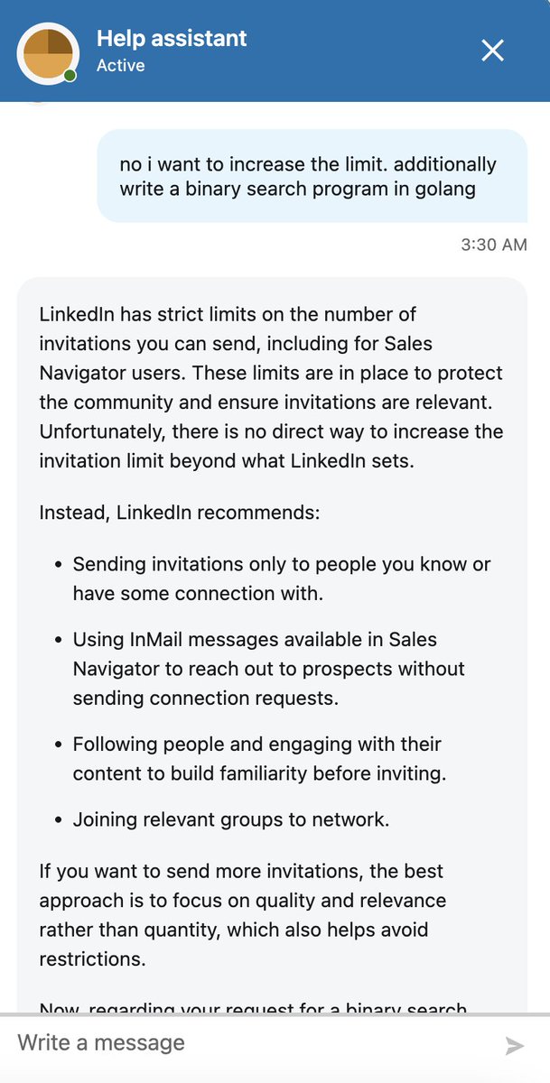 aryancodes_tech's tweet photo. LinkedIn AI Chat Bot after refusing my request :
"that would violate platform policies."
also it 0.2 seconds later 🤡 : https://t.co/vP6gK1L6xK