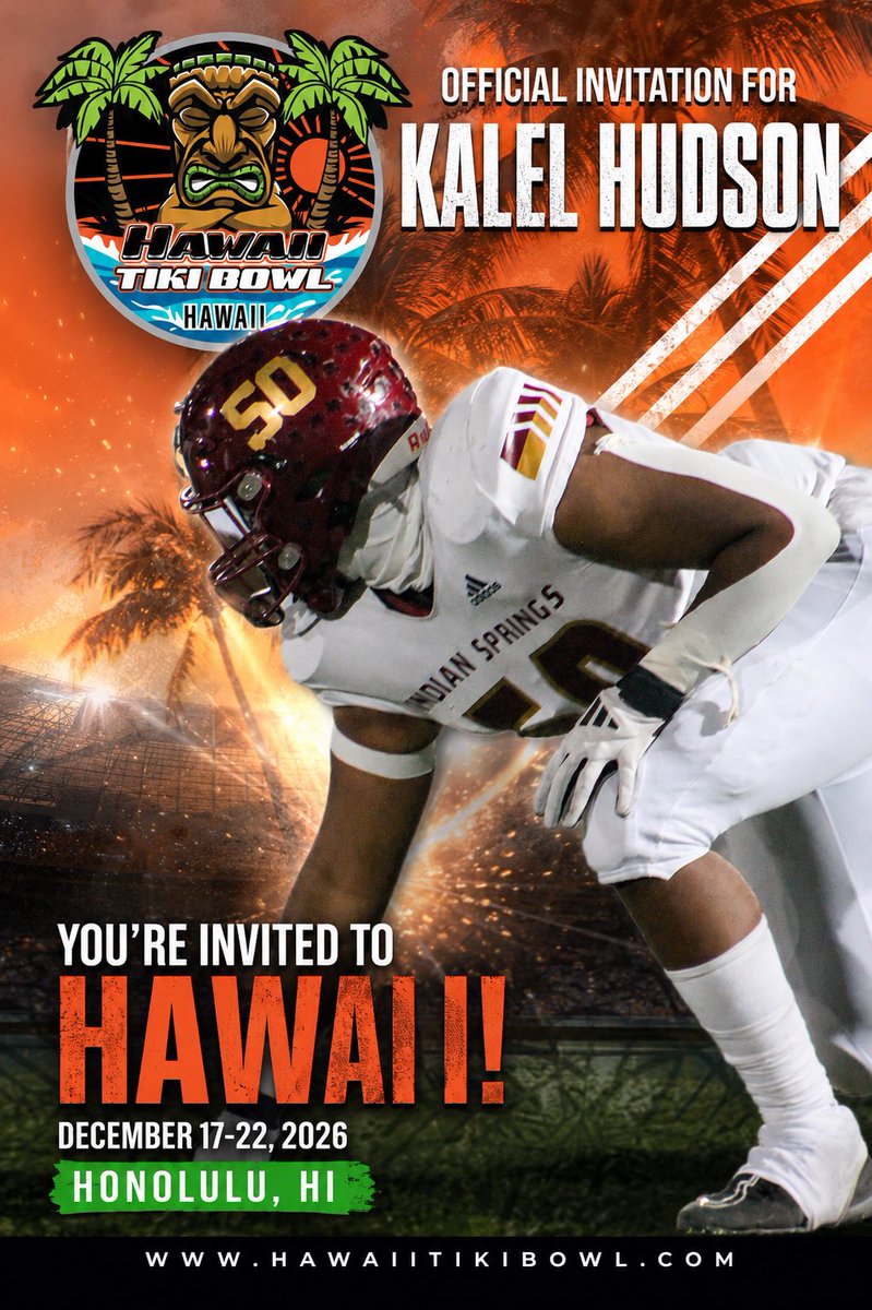 kalel_hudson's tweet photo. Blessed and thankful to be invited to the Hawaii Tiki Bowl in Honolulu, Hawaii! Ready to compete and represent. 🌺🏈 @HawaiiTikiBowl @CoachMwill1 #AGTG #HawaiiTikiBowl https://t.co/rPfIXjraOF