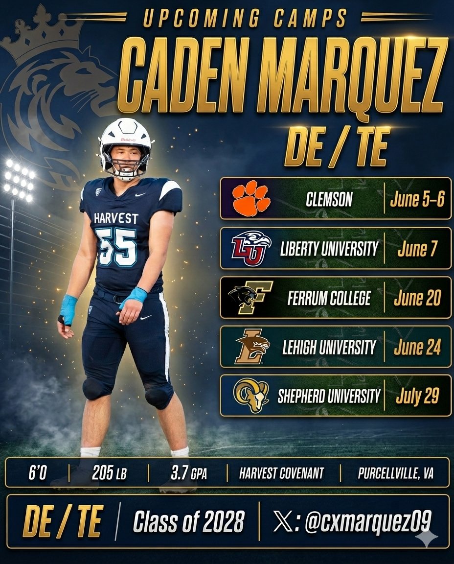 cxmarquez09's tweet photo. Camps this summer! 
@ClemsonFB 
@LibertyFootball 
@FerrumFootball 
@LehighFootball 
@SURamsFootball https://t.co/hrkQ2npZEd