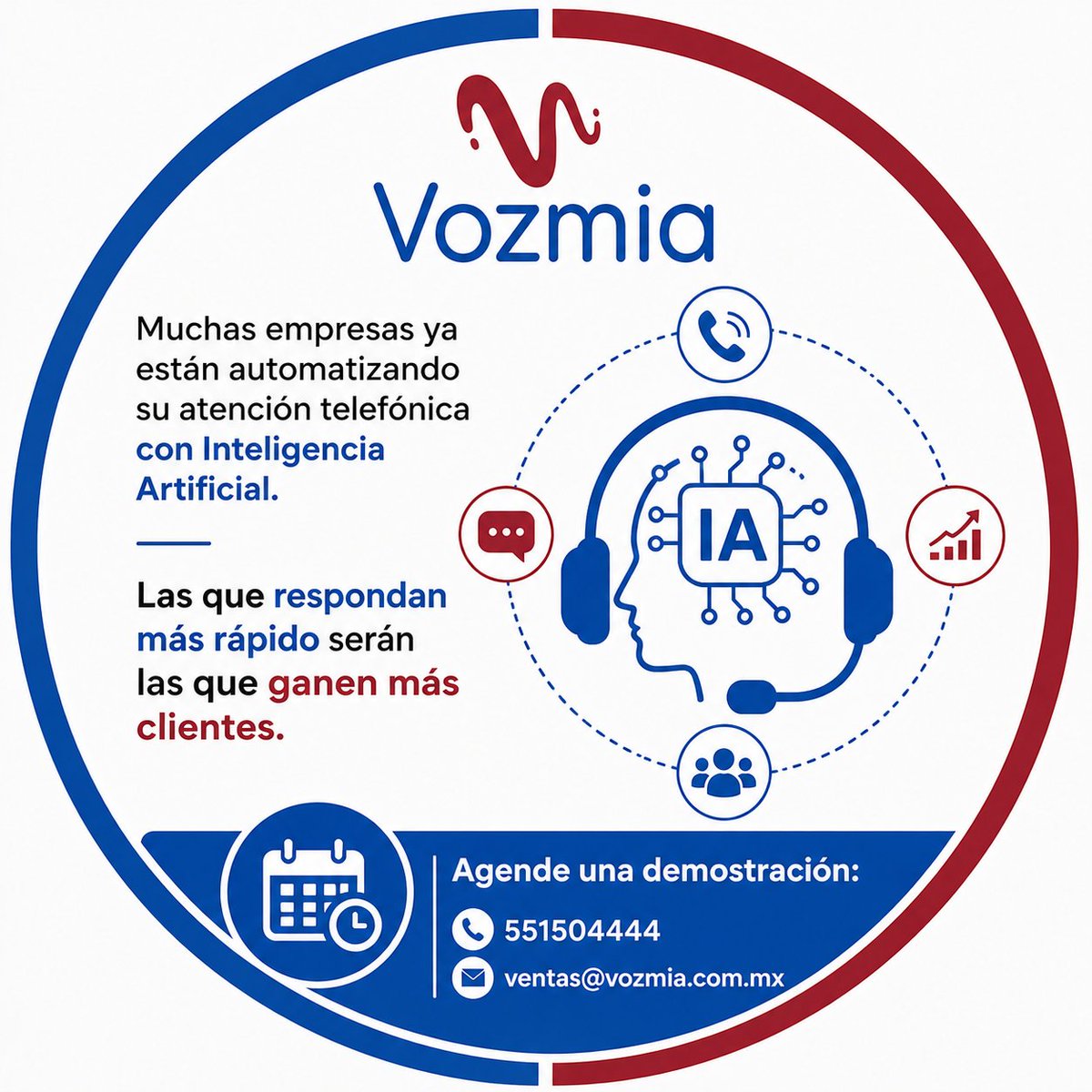 VOZMIAMexico's tweet photo. Muchas empresas ya están automatizando su atención telefónica con Inteligencia Artificial.
Las que respondan más rápido serán las que ganen más clientes
Agende una demostración:
551504444 | ventas@vozmia.com.mx https://t.co/em1VCKcyeJ