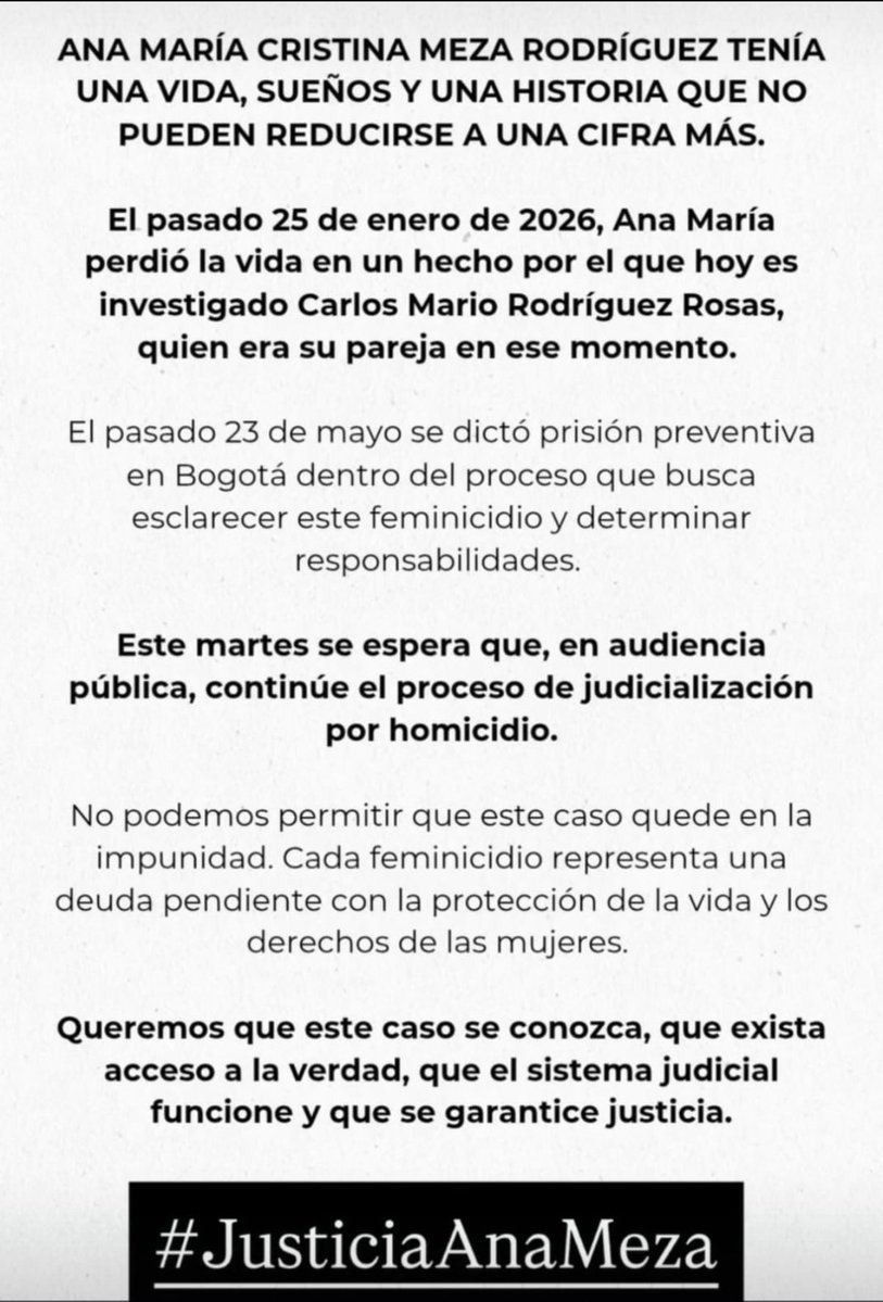 naanaicucas's tweet photo. El 25 de enero de 2026 en Bogotá; Ana María Meza fue víctima de feminicidio. El presunto agresor/ASESINO es CARLOS MARIO RODRIGUEZ ROSAS Gerente corporativo del Banco de Bogota.
Compartir también es exigir justicia.
#JusticiaAnaMeza https://t.co/RrNDhpFi7K