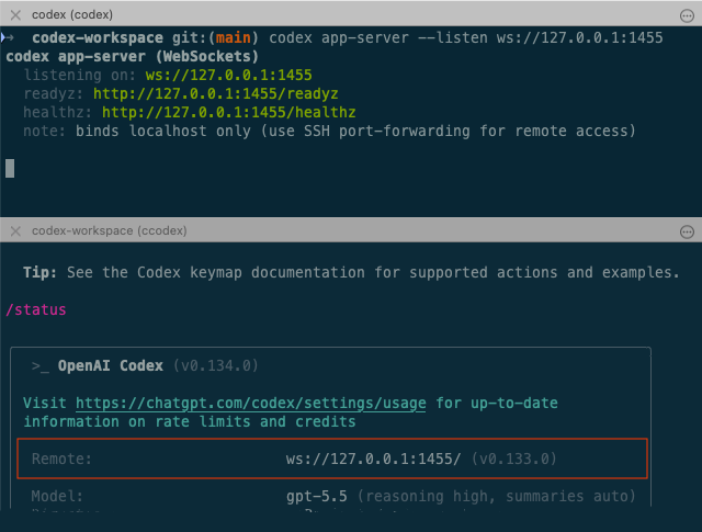 Codex app-server screenshot showing a local WebSocket endpoint and status output after a fast issue-to-merge cycle
