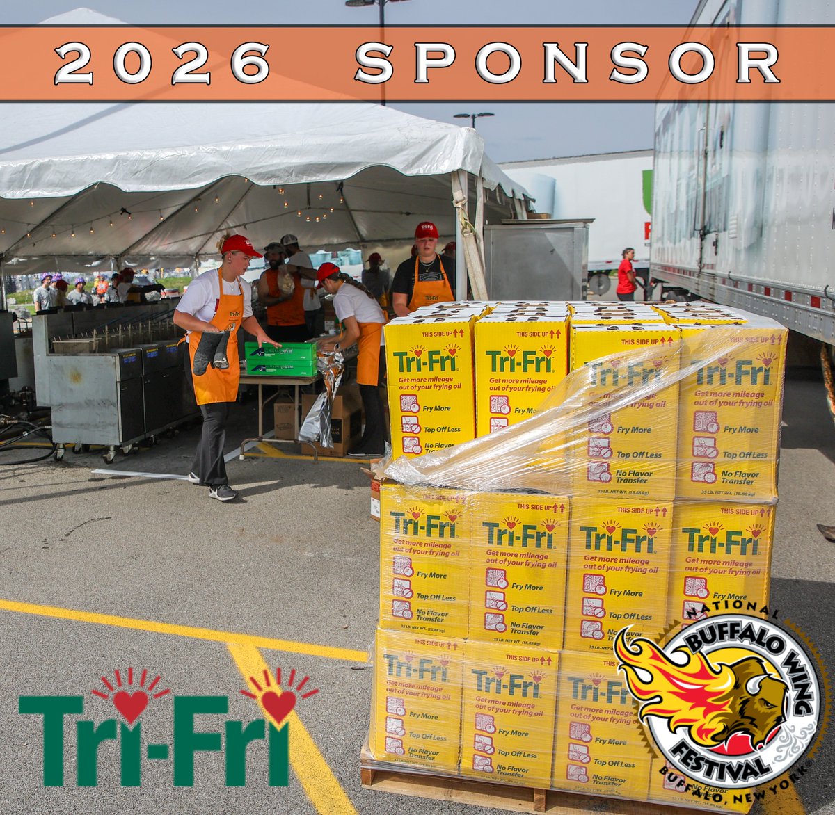 Wingfest's tweet photo. 💥 𝟐𝟎𝟐𝟔 𝗪𝗶𝗻𝗴 𝗙𝗲𝘀𝘁 𝗦𝗽𝗼𝗻𝘀𝗼𝗿 = Tri-Fri!  💥
In order to cook all the wings that we serve at the Wing Fest, we're going to need 𝘼 𝙇𝙊𝙏 of frying oil! 🔥
We're thankful for our friends at 𝑻𝒓𝒊-𝑭𝒓𝒊 𝑭𝒓𝒚 𝑶𝒊𝒍 for returning as the Official Frying Oil of the 2026 National Buffalo Wing Festival!