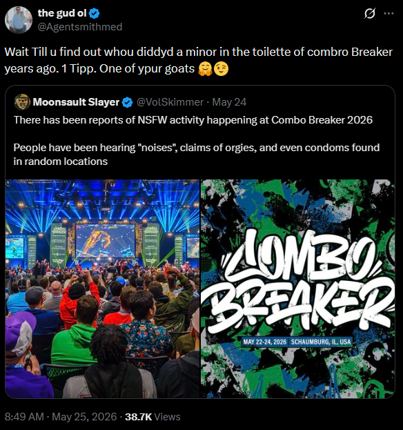 DogSuplexSlam's tweet photo. Was is one of your friends again @Agentsmithmed? Like that time you admitted on stream you witnessed one of your old rap friends take 2 minors into a backroom at a show and did absolutely nothing about it? https://t.co/l4m0KlZvYt