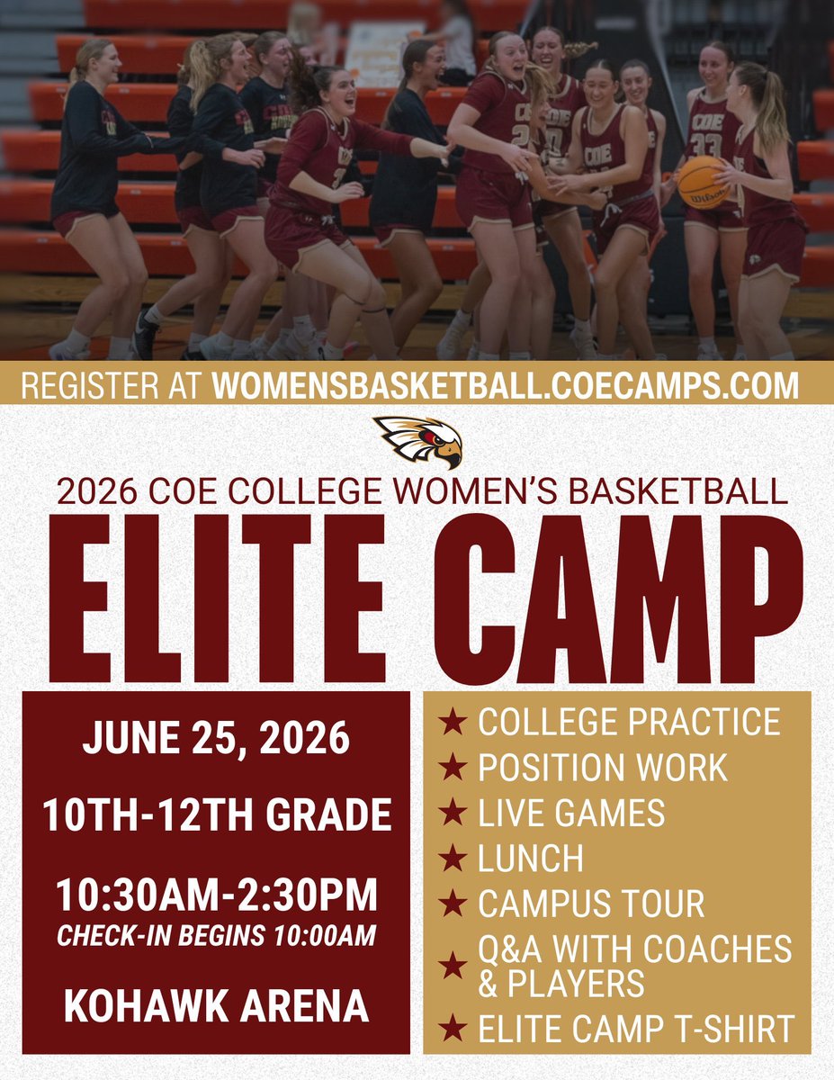 CoeCollegeWBB's tweet photo. ONE MONTH until 𝐄𝐋𝐈𝐓𝐄 𝐂𝐀𝐌𝐏

50% of players in our sophomore &amp; incoming freshman class took part!

By far, the best way to get on our recruiting radar, see all that our program has to offer, and maybe even walk away thinking, “alright… I want to be a part of that.” 😏 https://t.co/bRB7WFOuWE
