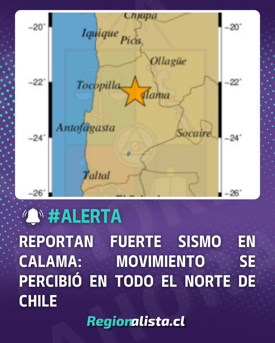 ERegionalista's tweet photo. #AHORA | Fuerte sismo en #Calama: Movimiento se percibió en todo el norte de Chile

Un fuerte movimiento telúrico se registró en Calama esta tarde, con una magnitud preliminar de 6,9 grados según la información oficial del Centro Sismológico Nacional de la Universidad de Chile. https://t.co/3LdbsWfZtR