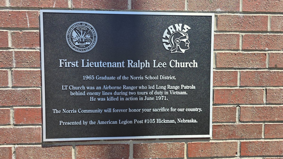 NHS_Titans's tweet photo. Remembering and honoring one of our own #NorrisTitans this Memorial Day. 1st Lt. Ralph Church was a member of the first graduating class of the newly consolidated Norris School District in 1965. Today, local veterans honored this fallen Titan with a memorial plaque dedication.🇺🇲 https://t.co/GWgsCpYIMr