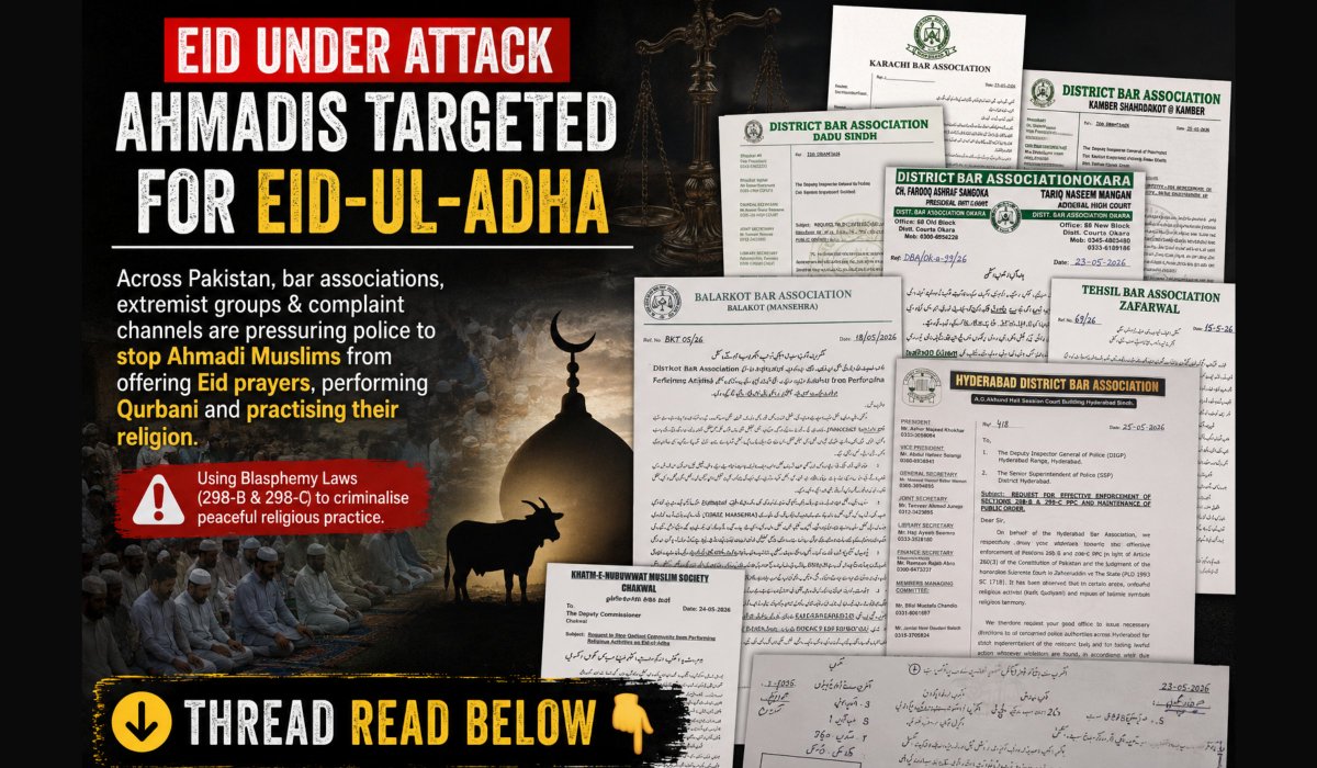 faith_defence's tweet photo. 🚨🧵THREAD: A coordinated campaign is unfolding across Pakistan to stop Ahmadis from observing Eid-ul-Adha — the Muslim occasion of sacrifice.

Bar associations, extremist groups &amp; complaint channels are pressuring police to block Eid prayers, Qurbani and religious expression. https://t.co/8oiBJSIdQE
