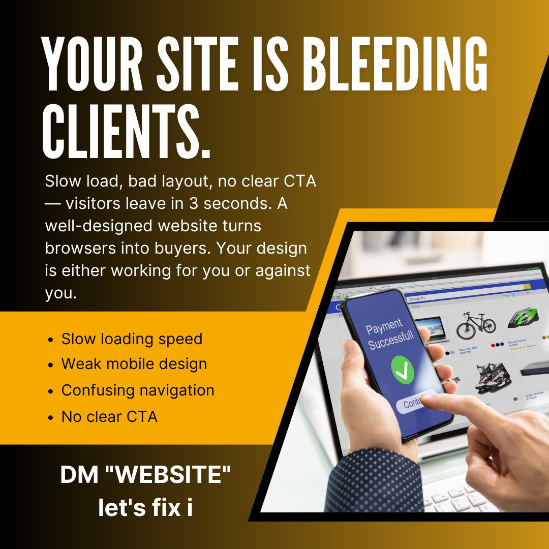 MrWebHubDigi's tweet photo. Warning: Your current website might be bleeding clients. 🚨💸

Visitors leave in 3 seconds if your site has slow loading speeds, weak mobile design, or confusing navigation.

DM "WEBSITE" for a Pro Website.

#UXDesign #WebsiteFix #MrWebHub https://t.co/HUBQGca2Mi