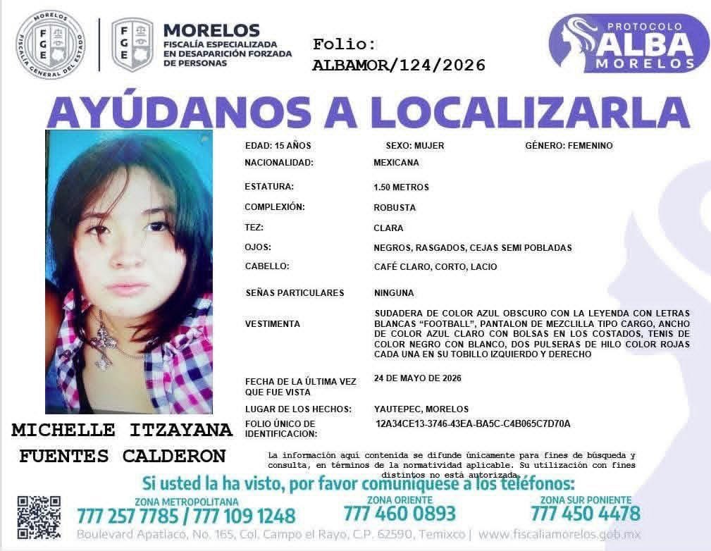 VeroBacaz's tweet photo. UAEM SE SOLIDARIZA Y ACOMPAÑA A FAMILIA DE ALUMNA DE CAMPUS YAUTEPEC QUE FUE REPORTADA COMO DESAPARECIDA 

La UAEM (@uaemorelos) a través de un comunicado informó que se solidariza y acompaña a familiares de la alumna  Michelle Itzayana Fuentes Calderón inscrita en el Sistema Universitario de Educación Mixta (SUEM) de la institución luego de que fuera reportada como desaparecida el domingo 24 de mayor en el municipio Yautepec.

@CorresponsalsMX #Morelos