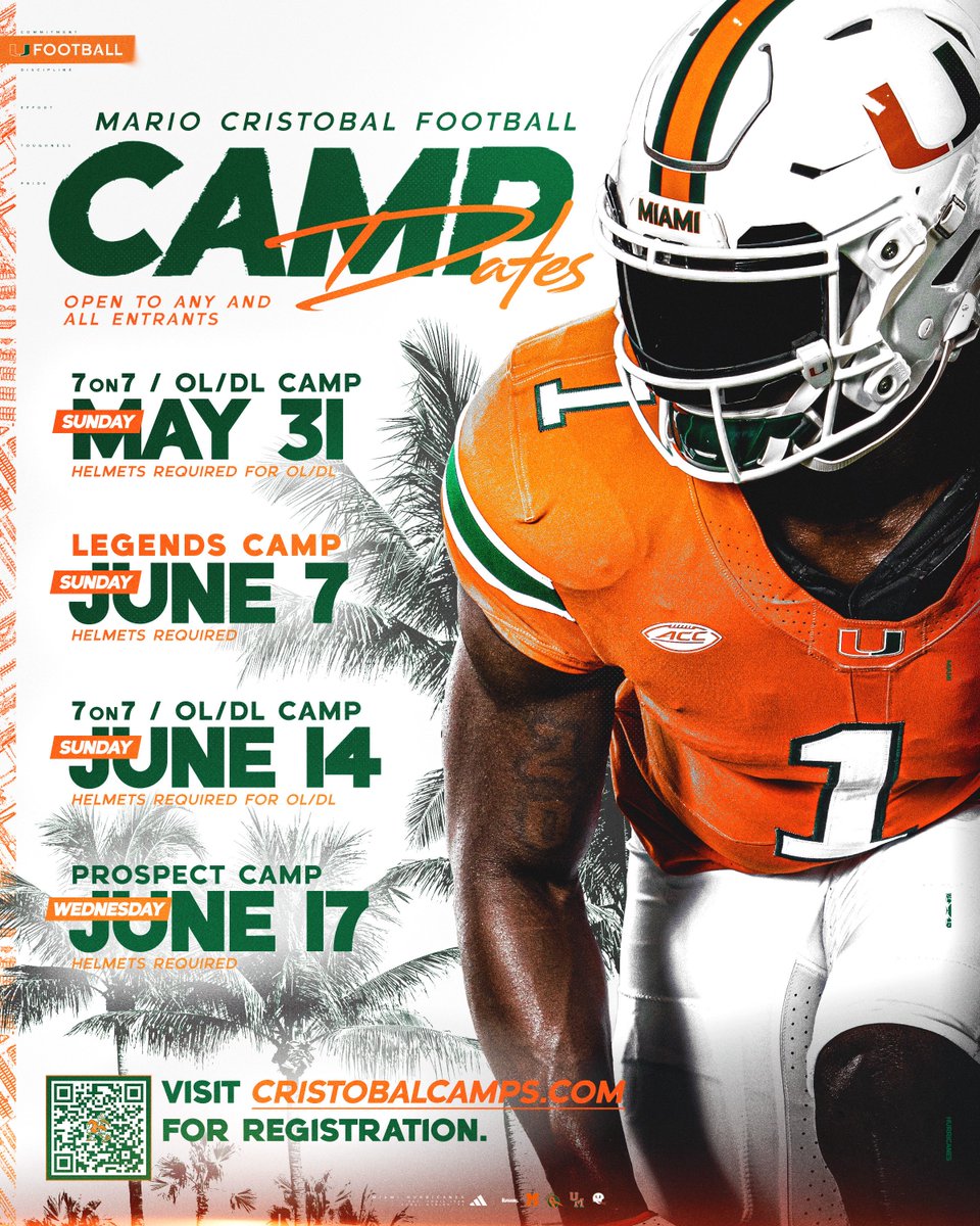 CanesFootball's tweet photo. CAMP SEASON IS HERE‼️

RESERVE YOUR SPOT TODAY‼️

REGISTER  at:  https://t.co/pf9DFPPqi9

#GoCANES  |  #WORK https://t.co/LwWk9o0zzX