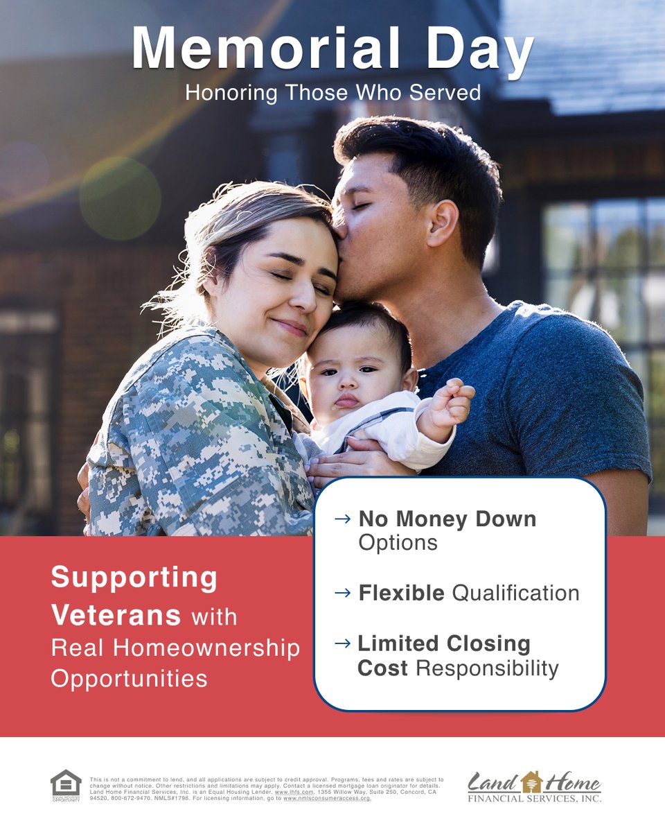LandHomeFin's tweet photo. This Memorial Day, we honor the strength, sacrifice, and service of those who have given so much for our country. 

For those who have served, VA home loan benefits can help make homeownership more accessible—with options like no money down, flexible qualifying, and potential savings on closing costs.

It’s our privilege to support those who have served and their families every step of the way.

Reach out today to learn more about your VA home loan options.

LEARN MORE: https://t.co/IhatNGbdlb
CALL: (855) 995-5055

#LandHomeFinancial #LHFS #MortgageSolutions #HomeLoans #Property #Homeownership #MemorialDay #VALoan #VeteranBenefits