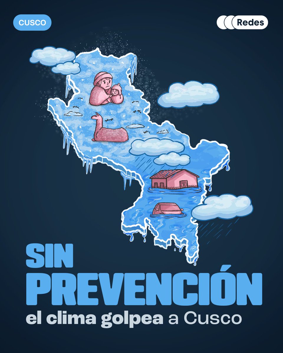redesarrollope's tweet photo. En Cusco, el clima puede cambiarlo todo. En una misma región conviven heladas en las alturas, friajes en la selva y lluvias intensas en los valles que cada año ponen en riesgo a miles de familias.

Para mayo, se esperan lluvias intensas y vientos de hasta 45 km/h en la selva cusqueña. Las zonas más vulnerables están donde el aumento del caudal eleva el riesgo de inundaciones. En febrero de este año, las lluvias dañaron viviendas en Pisonayniyoc (Calca) y afectaron a 56 familias por crecidas de ríos en la región (INDECI, 2025).

Pero el riesgo no termina ahí. Al menos 10 distritos están expuestos a huaicos y deslizamientos, especialmente en zonas de ladera como Camanti y Quellouno. En conjunto, más de 406 mil cusqueños están en riesgo por inundaciones y huaicos (CENEPRED, 2026).

Y cuando no se actúa a tiempo, las pérdidas aumentan. En el sector El Piste en Calca, implementar medidas preventivas podría evitar daños en viviendas por hasta S/ 478 mil, equivalente a proteger alrededor de 25 viviendas (SINIA, 2025).

Pero el riesgo no termina ahí. En provincias altoandinas como Canas, Paucartambo y Chumbivilcas, las heladas pueden llegar hasta los -20°C entre junio y agosto. Este frío extremo afecta la agricultura y ganadería: solo a fines de 2025 se perdieron más de 60 hectáreas de cultivos, mientras 7 de cada 10 productores ya están en alto riesgo (GORE Cusco, 2025; INEI, 2025).

El problema no es solo el clima, sino también la falta de prevención. Muchas zonas todavía carecen de drenajes, muros de contención y sistemas de alerta temprana, por lo que fortalecer la infraestructura y preparar mejor a las comunidades será clave para reducir los impactos antes de que ocurran (Defensoría del Pueblo, 2026).

Porque enfrentar el cambio climático no solo significa reaccionar después del desastre, sino actuar antes de que ocurra. 

Y tú, ¿sientes que en tu zona se está previniendo a tiempo o seguimos esperando la próxima emergencia?