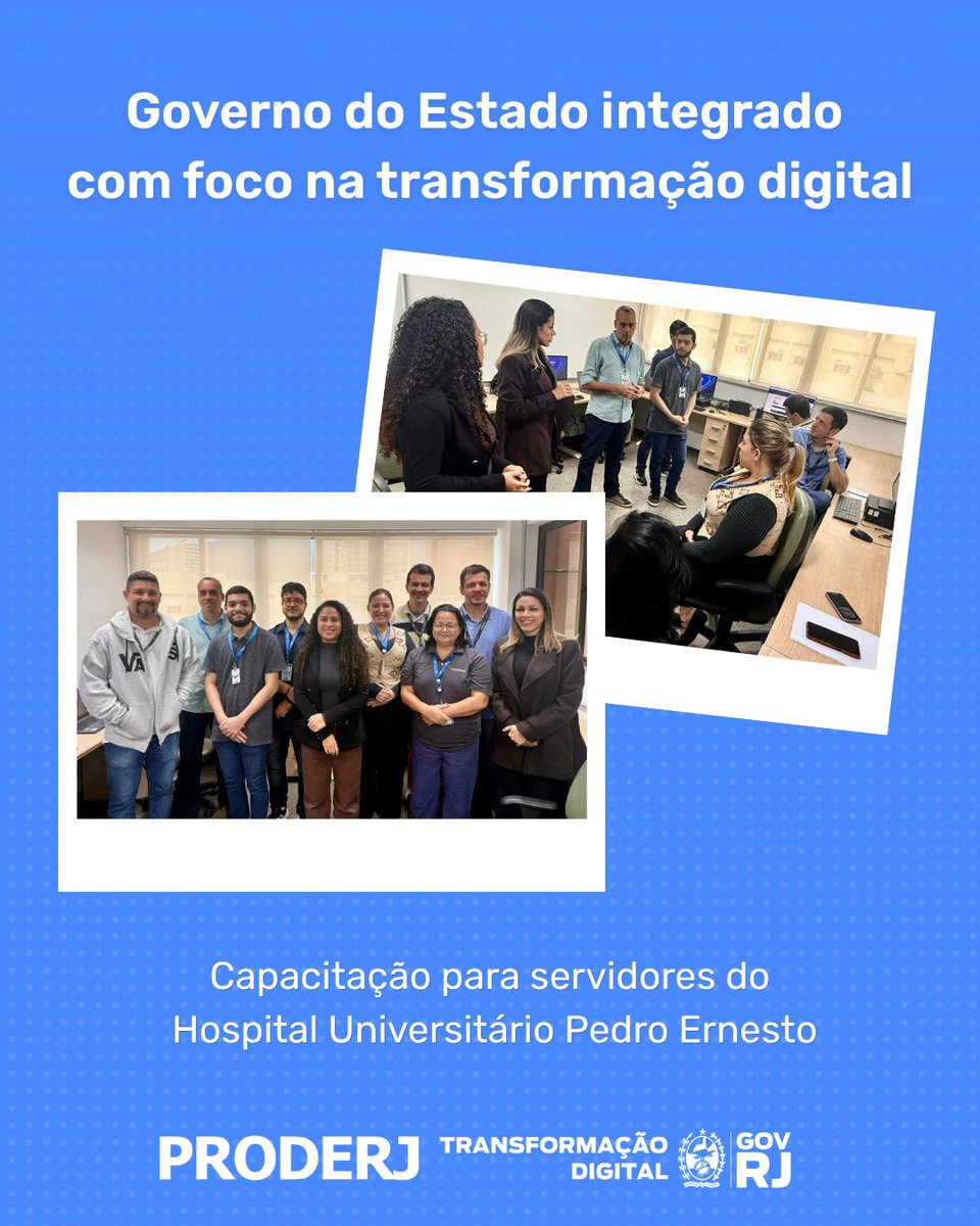 PRODERJ's tweet photo. Avanço na transformação digital. O Governo do Estado realizou capacitação com servidores do Hospital Universitário Pedro Ernesto voltada à oferta de serviços digitais por meio do portal RJ Digital (https://t.co/42trKl9y17). https://t.co/jyLgUHqFNA