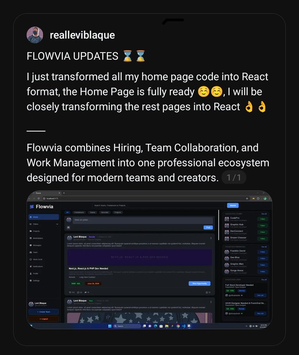 realleviblaque's tweet photo. FLOWVIA UPDATES ⌛⌛

I just transformed all my home page code into React format, the Home Page is fully ready ☺️☺️, I will be closely transforming the rest pages into React 👌👌 https://t.co/OOb5vprS5O