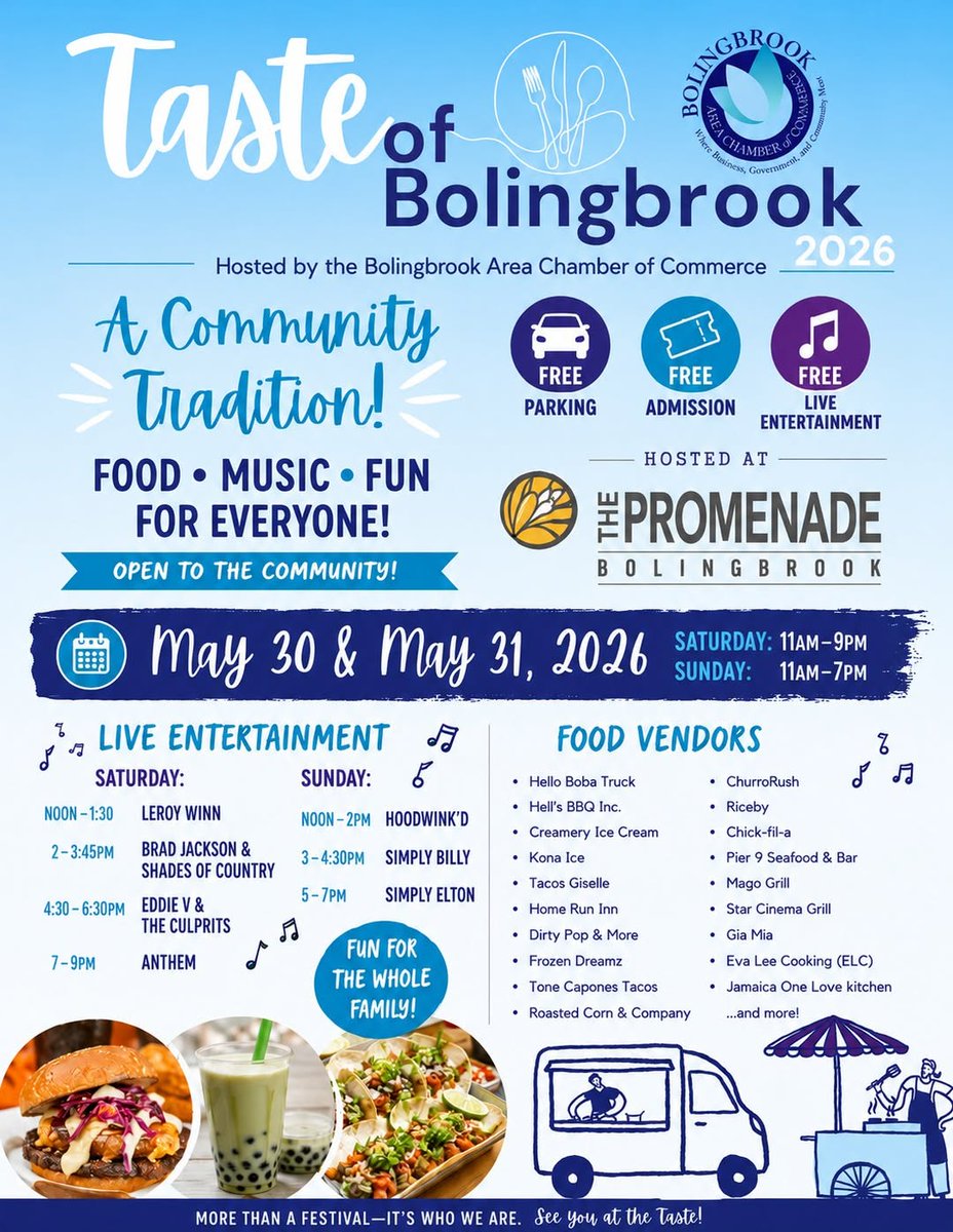 ccarpos's tweet photo. The 2026 Taste of #Bolingbrook is being hosted at The Promenade Bolingbrook next weekend! It once again features free live music, free parking, and free admission! 

Saturday, May 30th: 11am-9pm
Sunday, May 31st: 11am-7pm

Details: https://t.co/aPUrA6dshC https://t.co/MDK3GEPwxO