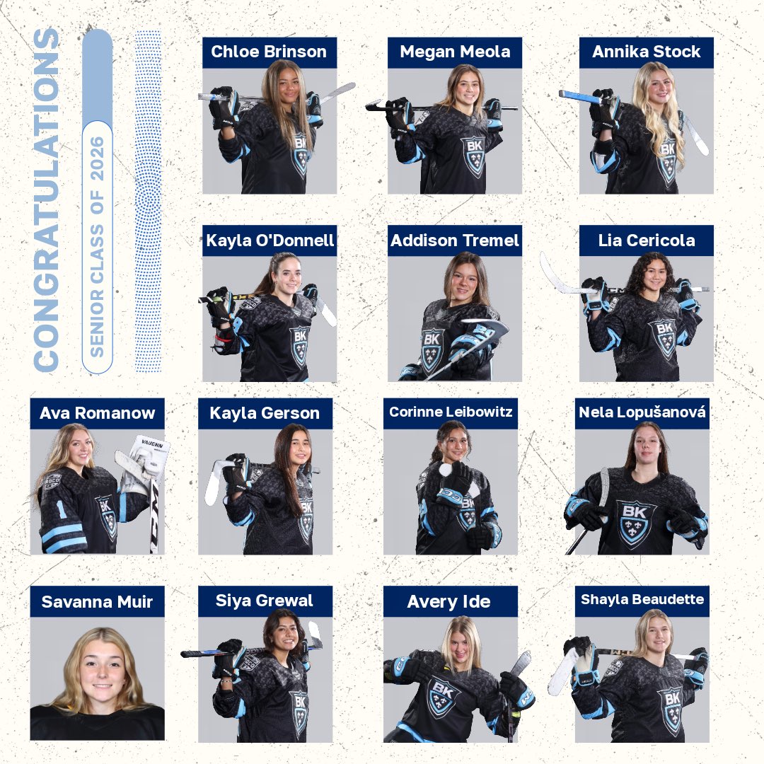 BKGirlsHockey's tweet photo. Our BK community is proud of this group of seniors/PG and everything they’ve brought to our program, from leadership, dedication, growth, and unforgettable memories.Watching you develop on and off the ice has been something special, and this week is all about celebrating you all! https://t.co/fFZMoq3iUQ