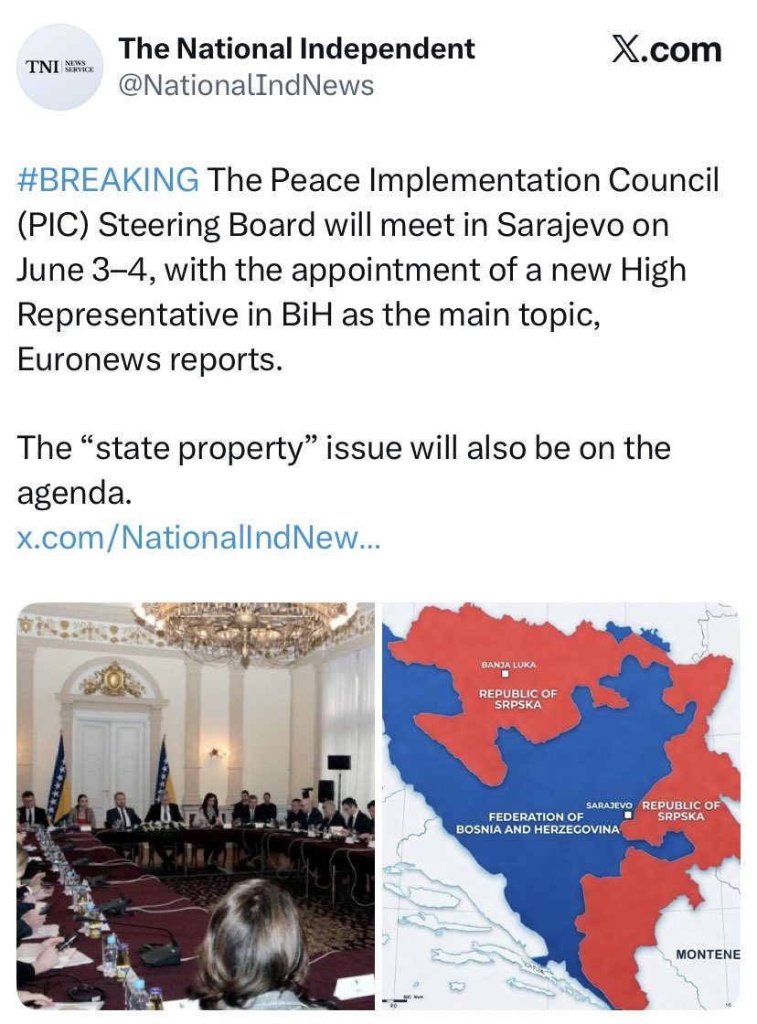 JasminMuj's tweet photo. FYI: This “National Independent” account masquerades as a news aggregator but actually peddles systematic Serbian regime disinformation, sourced largely from Serbian, Russian, and Chinese state media. One of its most frequent ‘bits’, for example, is misrepresenting the political map of BiH to show the Brcko District as part of the RS entity.