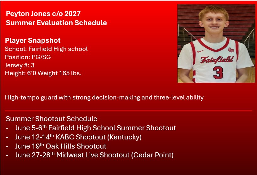 peytonjones_12's tweet photo. Coaches here is my June shootout schedule! @FairfieldHS_MBB @DJ_Wyrick @fcsdathletics https://t.co/3DmvNMFkwy