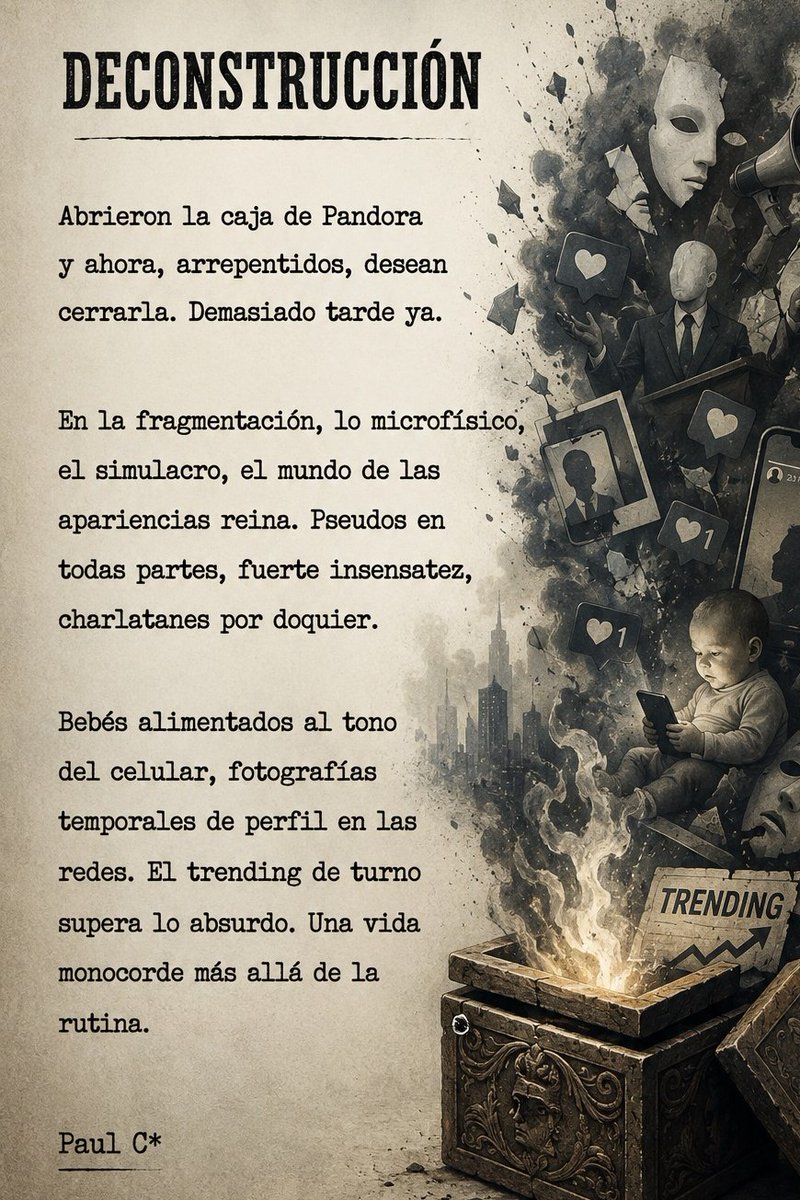 PaulC123A's tweet photo. #Deconstrucción #PoesíaContemporánea #PoesíaCrítica #CajaDePandora #SociedadActual #Hipermodernidad #Simulacro #RedesSociales #CríticaSocial #Existencialismo #Reflexión #PensamientoCrítico #Alienación #ModernidadLíquida #CaosDigital #PoesíaUrbana #Escritura #Versos #Poema https://t.co/eJnsmvxuXf