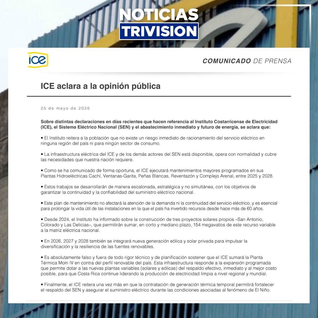 trivision_cr's tweet photo. 🔴#NoticiasTrivisión |  El Instituto Costarricense de Electricidad (ICE) aseguró que no existe riesgo inmediato de racionamiento eléctrico en ninguna región del país, pese a recientes declaraciones relacionadas con el Sistema Eléctrico Nacional (SEN) y el abastecimiento energético.
La institución informó que la infraestructura eléctrica opera con normalidad y que los mantenimientos programados en varias plantas hidroeléctricas se realizarán de forma escalonada entre 2025 y 2028, sin afectar el suministro.