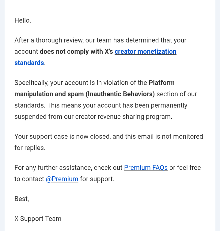 MayGodGuideMee's tweet photo. - I was in the 
@X
 monetization program for a while and earning income by consistently creating content.

- But without any warning or any explanation, the monetization program was suddenly removed from my account.

Why?

 - Which rule did I violate? No information was given at all.

- People’s hard work, time, and sweat-earned income shouldn’t be cut off this easily and arbitrarily. We want transparency.

I’m demanding my rights. I will follow up on this issue.
@Premium
 
@X
 
@Safety
 
@lindayaX

#XMonetization #CreatorsRights #Fairness