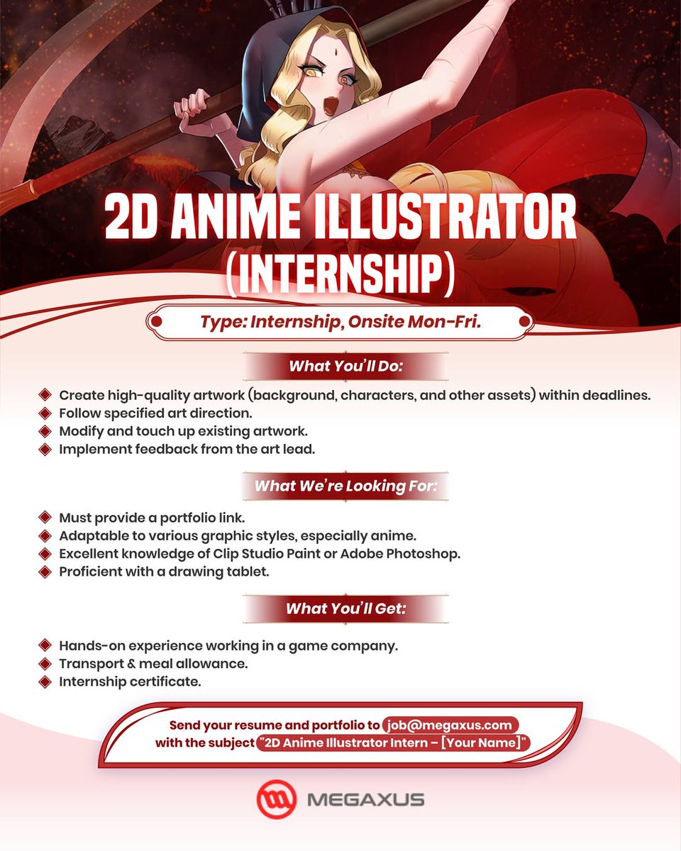 PrimbonGame's tweet photo. Megaxus sedang membuka internship / magang untuk posisi 2D Anime Illustrator https://t.co/6j9EuCLxl2