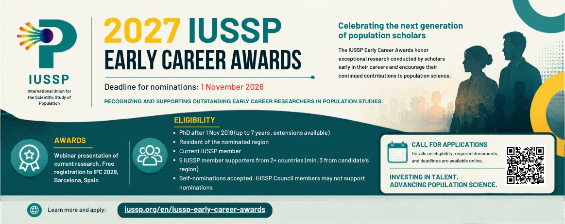 SecretariatApa's tweet photo. Nominations are open for the 2027 IUSSP Early Career Awards, recognizing outstanding population scholars in 5 world regions—including Asia &amp; the Pacific.
Deadline: 1 November 2026 
Self-nominations welcome.
https://t.co/2RB6ykrXq0
#Demography #PopulationStudies #APA #IUSSP https://t.co/pHH3VnM4oH